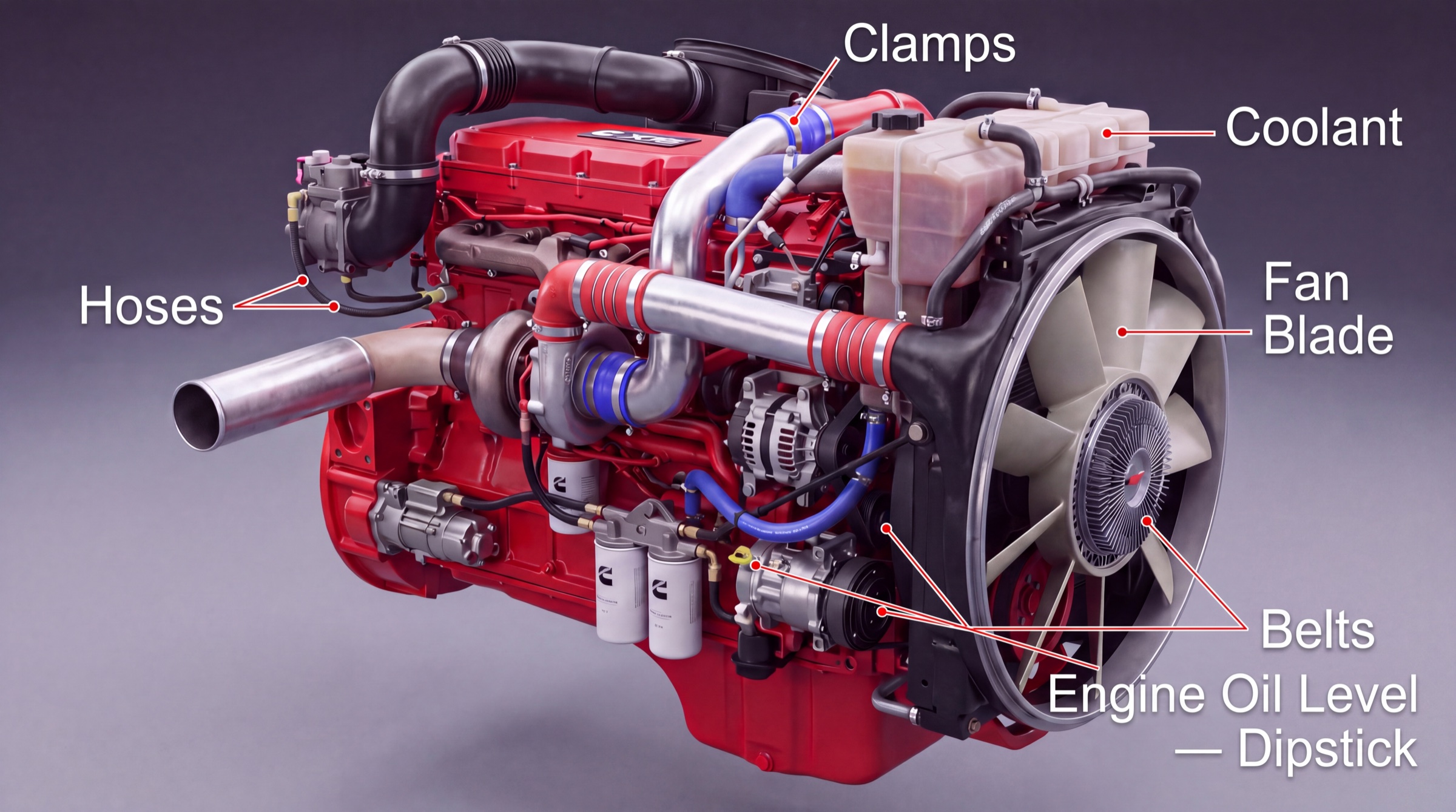 Labeled 3D Cummins ISX15 engine training visual identifying the fan blade, belts, hoses, clamps, coolant reservoir and engine-oil dipstick
